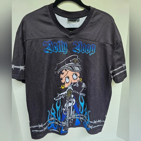 Betty Boop Y2K Vintage Black Jersey Blue Flames Motorcycle - Picture 1 of 7